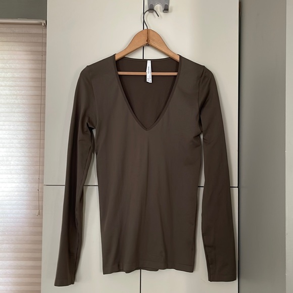 Babaton Tops - Babaton M/L, seamless, long sleeve, v neck top, neutral, layering EUC